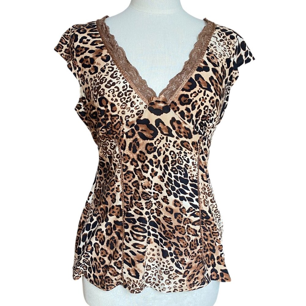 Vintage Babydoll Leopard Animal Print Lace Trim Top Brown Sexy Mobwife 90s Y2K-L